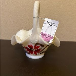 Vintage Fenton Poinsettia Glass Basket Custard Glass Handmade Art Glass